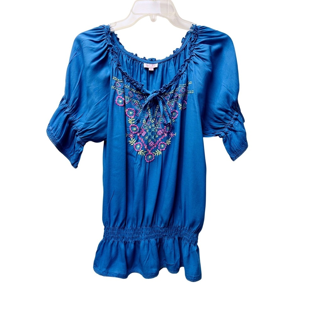 Luv 2 Luv L Blue Smocked Waist Peasant Top Boho Ren Faire Fairy Blousy Gypsy